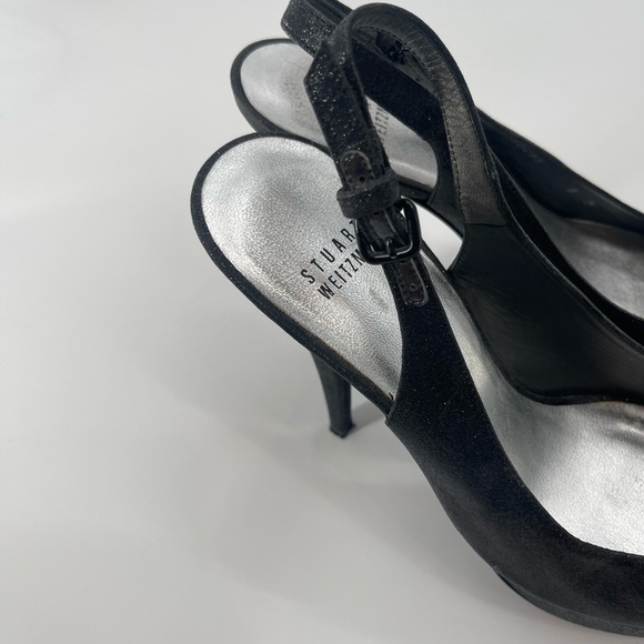 Stuart Weitzman Black Glitter and Leather Peep Toe Slingback Pumps heels size 8M - Picture 3 of 9